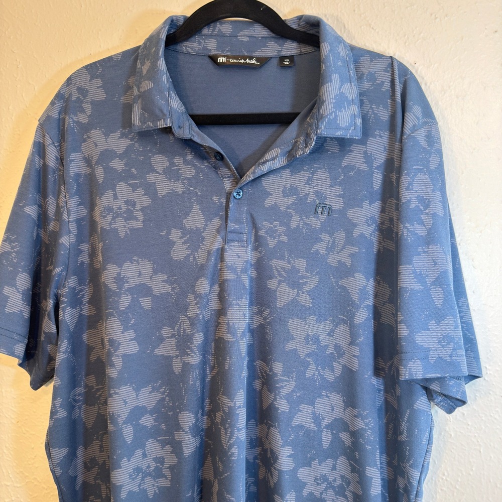 TravisMathew Blue Floral Striped Pima Cotton Blend Polo Shirt XXL Mens